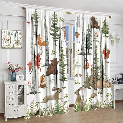 Animal Kids Curtains, Woodland Squirrel Rabbit Bear Animal Friends Forest Curtains for Boys and Girls Bedroom Living Room Kitchen 72x63in