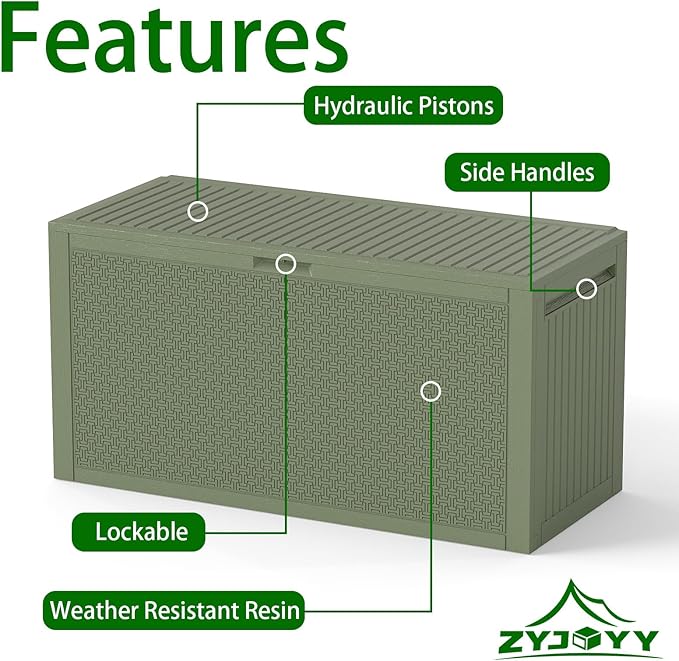 Outdoor Storage Box, 90 Gallon Deck Box, Waterproof Resin Storage Bin for Patio Cushions, Gardening Tools, Lockable, UV Resistant,Olive Green
