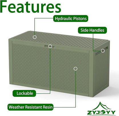 Outdoor Storage Box, 90 Gallon Deck Box, Waterproof Resin Storage Bin for Patio Cushions, Gardening Tools, Lockable, UV Resistant,Olive Green
