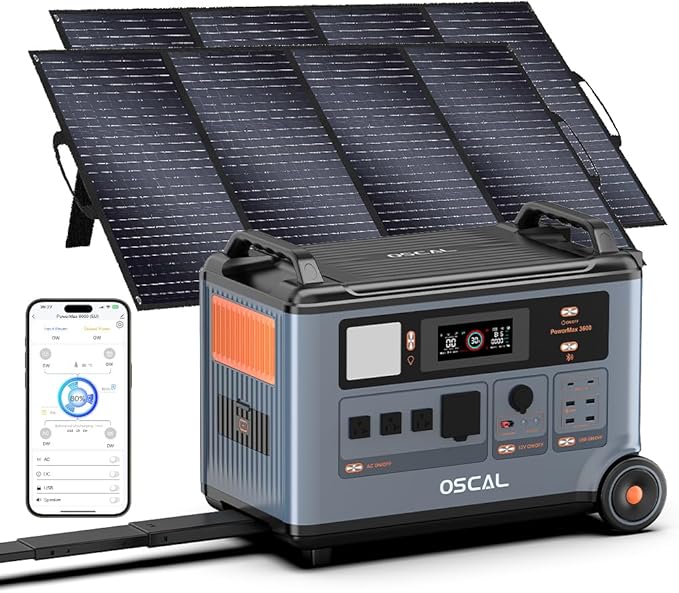 OSCAL Promax6000 Solar Generator with 2x200W Solar Panel,120V/240V Dual Voltage 6000W(Peak 7200w) 14 Outlets,2200W 1.96H Fast Charge Portable Power Station,3600WH Lifepo4 Battery,for Home Backup,RV.
