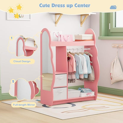 Kids Dress Up Storage Rack Mirror Wood Child Wardrobe 2 Hooks 2 Fabric Bins Toddler Closet Girls Boys Open Hanging Armoire Storage Shelf Coat Costume Hat Shoe (Pink/Cloud/Two Drawers)