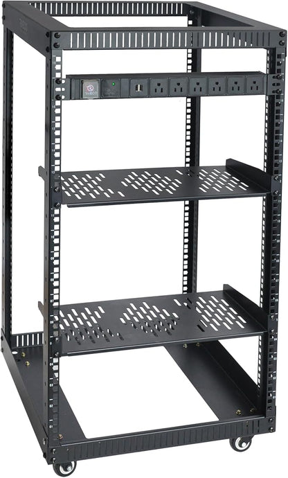 RIVECO 18U Open Frame Server Rack with Brake Casters + PDU (8 Outlets) Power Strip Surge Protector + 2 PCS Rack Shelves Cantilever Tray Set Black