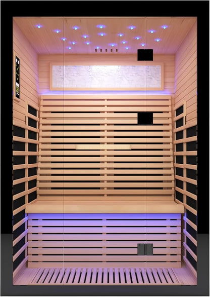 Home Sauna Far Infrared Sauna Dry Sauna for 2 Person,7-Colors LED Light Indoor Sauna Room with Low EMF 2160W,10 Minutes Pre-Warm up,Canadian Hemlock Wood