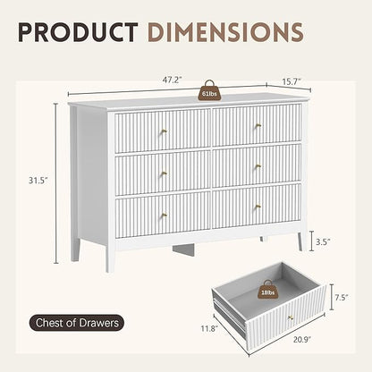 White Dresser for Bedroom, 6 Drawers Fluted Chest of Drawers with Storage, Modern Wide Storage Dresser with Paint Design, Wood Drawer Organizer White Dressers for Hallway, Entryway