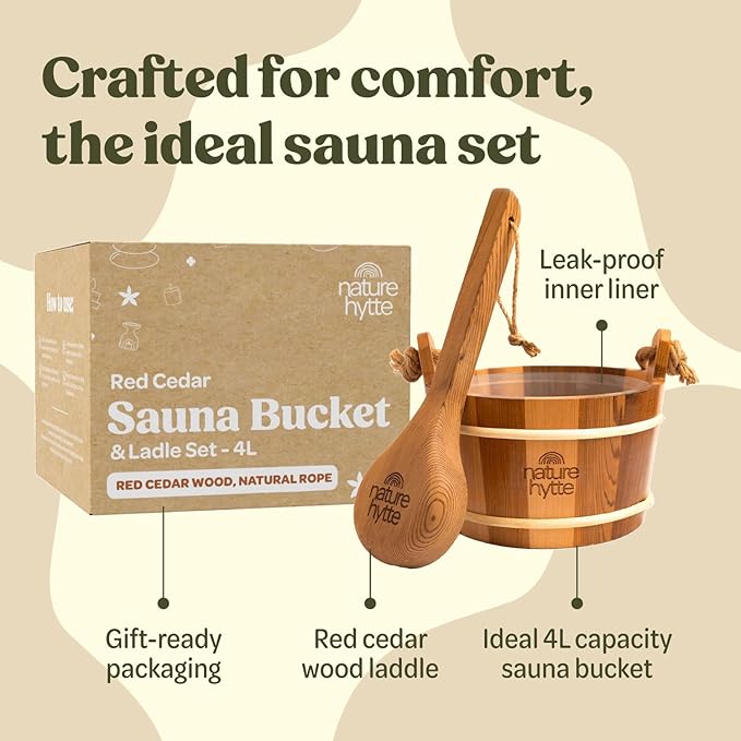 Red Cedar Sauna Bucket and Ladle Set 4L (1 Gallon) - Natural Rope Handle - Premium Red Cedar Wood - Natural Aroma - Elegant Gift-Ready Packaging