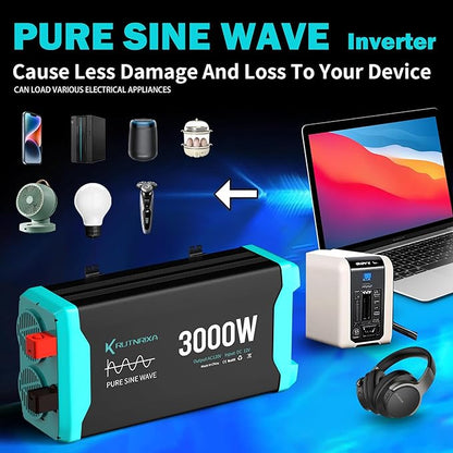 3000W Pure Sine Wave Inverter 12V DC to 120V AC for RV, Truck, Off-Grid, Home, Solar Car Power Inverter with Dual AC Hardwire Port, 20A Socket, 5V 2.1A USB