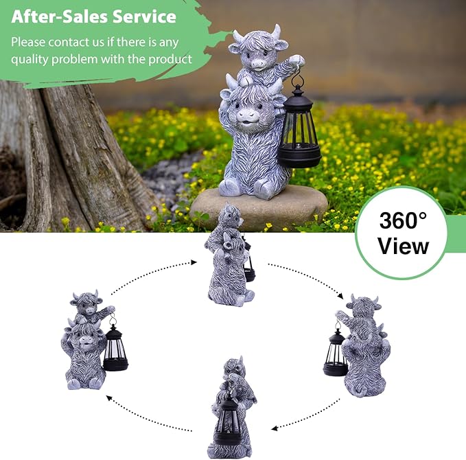 Goodeco 9.5 Inch Highland Cow with Solar Lantern – Resin Garden Decor, Outdoor Statue & Unique Highland Cow Gifts (Gray)