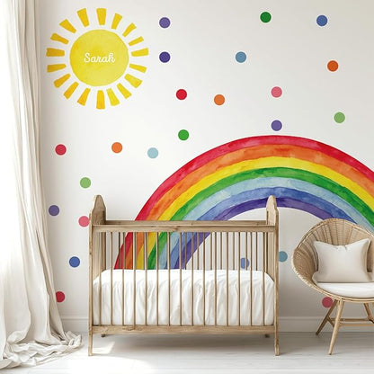 Watercolor Rainbow, Sun, Polka Dots Wall Decal for Kids Room, Nursery, Baby Room Decor, Polka Dots Mural, Rainbow Wallpaper (Vibrant Rainbow, XLarge)