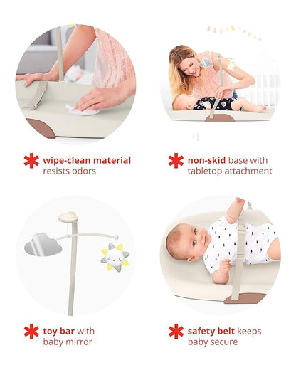 Skip Hop Baby Changing Pad Nursery Style Wipe-Clean Contoured with Cushioned Foam, Non-Skid Base, Built-in Safety Belt & Tuck-Away Toy Bar Fits Standard Changing Tables, Oat