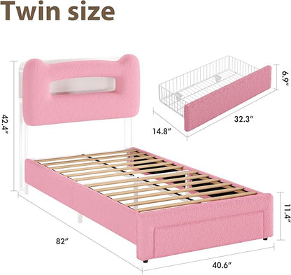 GarveeHome LED Twin Bed Frame with 2-Tier Storage Headboard, Upholstered Platform Bed with Charging Station and Drawer for Kids/Girls/Boys, Heavy Duty Metal Support, No Box Spring Needed, Pink