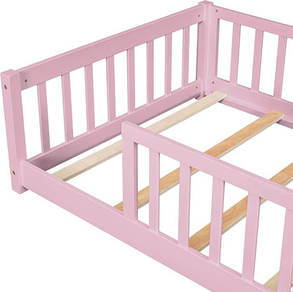 Twin Size Kids Montessori Floor Bed,Twin Floor Bed Frame with Slats,Solid Wood Twin Bed Frame for Girls Boys,Pink