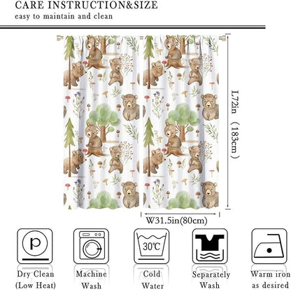 Forest Animal Curtains,Kids Home Bedroom Window Treatments, Cartoon Watercolor Bear Squirrel Woodland Animal Drapes 63x72in