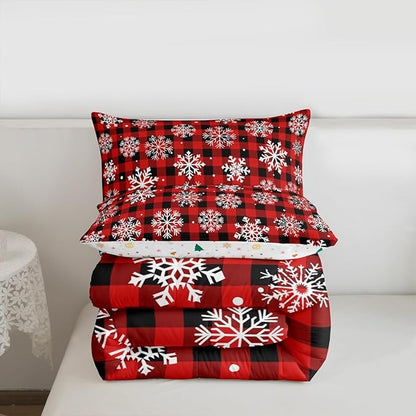 Feelyou Christmas Comforter Set Full Size Red Black Plaid Bedding Set for Kids Boys Girls Winter Snow Duvet Quilt Snowflake Red Bedroom Decor Microfiber 3 Pcs with 2 Pillow Cases