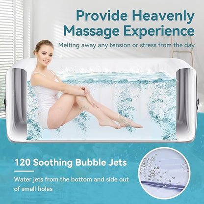 2-4 Person Inflatable Hot Tub, Large Square Portable Blow up Hot Tub, Leak-Proof PVC Outdoor Spa with 120 Air Jets, Insulated Cover and Heater Pump, 60” X 60” X 25”