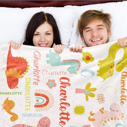 Personalized Dinosaur Blanket with Name for Girl, Custom Name Blanket for Kids, Soft Flannel Pink Dinosaur Toddler Blanket Customized Gift for Birthday Christmas Baby Shower Newborn Gift 60" X 80"