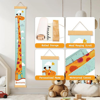 Personalized Name Growth Chart Wall Decor for Kids – Canvas Removable Height Chart Measuring Ruler 59" x 7.9" (Painted Giraffe)