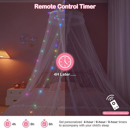 Beinou Bed Canopy for Girls with Timer Remote Canopy Bed with Lights Breathable Net Canopy for Bed Kids Girls Room Decor,White