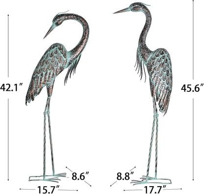 Kircust Garden Crane Statues, Standing Metal Patina Heron Decoy Outdoor Statue, 42-46 Inch Bird Yard Art for Patio Lawn Pond, Set of 2