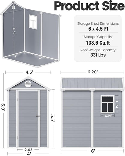 6x4.5 FT Plastic Sheds & Outdoor Storage, UV Resistant Storage Sheds Outdoor with Floor and Window, All-Weather Garden Resin Tool Shed for Lawn Mower, Yard Tools, Bike, Light Grey
