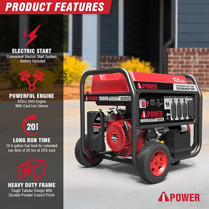 A-iPower 10000-Watt Electric Start Portable Generator, Gas Powered with 420cc OHV Engine, Heavy Duty Generators For Jobsite, Home Use, Emergency (AP10000E)
