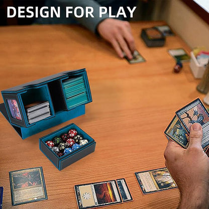 AFIING MTG Commander Card Storage Box - Fits 200 Double Sleeved Cards,3-in-1Card Deck Case,Strong Magnet Card Organizer For Magic Commander TCG CCG,4Dividers &2 Toploaders, Black/Cyan