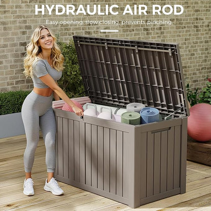 150 Gallon Resin Deck Box, Large Indoor and Outdoor Storage Box, Weatherproof and UV Resistant Outdoor Storage Box with Built-in Steel Beams for Patio, Cushions, Pool Supplies