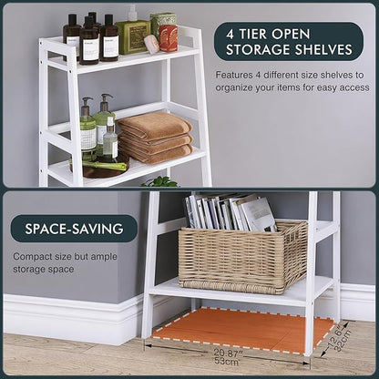 HITNET White Ladder Bookshelf, Leaning Bookcase, 4-Tier Bamboo Shelf, Floor Standing Storage Shelving Unit, Open Display Book Shelves