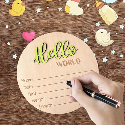 Baby Announcement Sign, 5.9 Inch Wooden Hello World Newborn Signs, Birth Announcement Sign, Baby Shower Hospital Nursery for Newborn Boys and Girls (Wilderness Green)