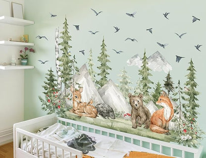 Large Jungle Animals Wall Decals Forest Tree Wall Decal Peel and Stick Woodland Bear Fox Deer Wall Stickers Giant Mountain Art for Bedroom Nursery Room MS230