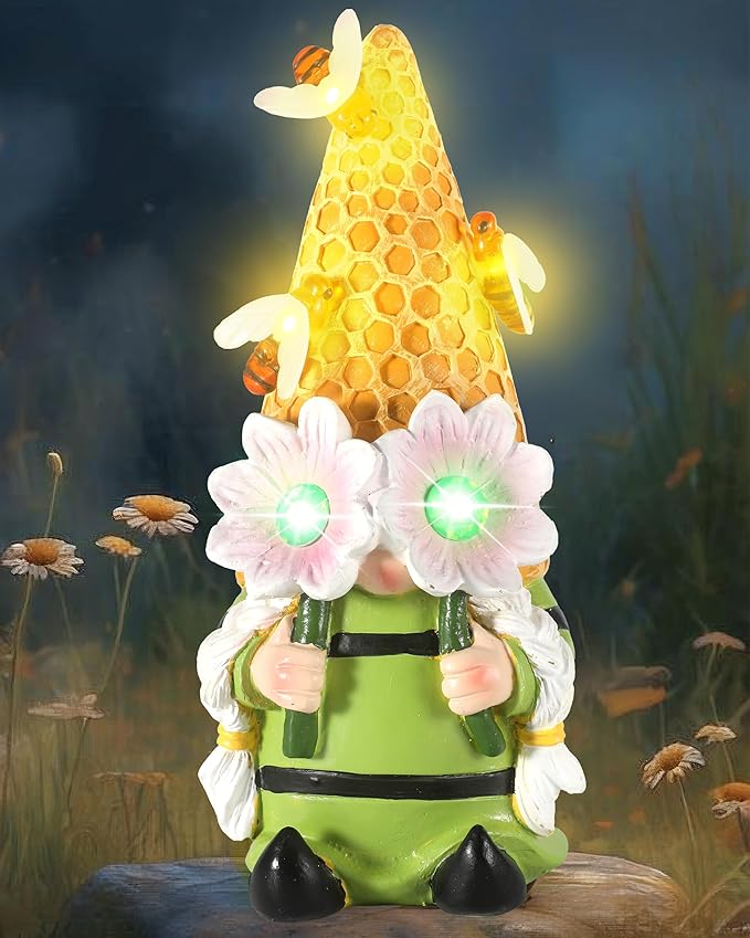 iStatue Solar Garden Gnome Figurine Light with Bees Sunflower, 9.5'' Resin Outdoor Statue for Yard Patio Decor Lawn Ornaments Porch Garden Gifts for Women/Girl (Ms Bee Gnome)