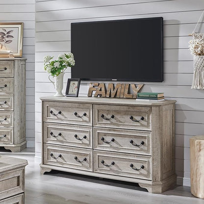 T4TREAM Farmhouse 6 Drawers Dresser for Bedroom, 54" Wide Wood Rustic Chest of Drawers with Natural Texture, Vintage Design, Storage Dressers Organizer for Bedroom, Living Room Light Rustic Oak