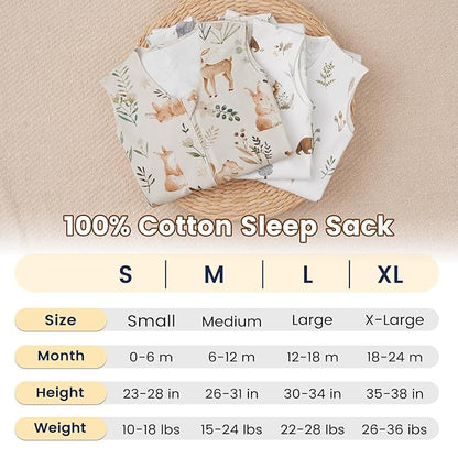 PHF Soft Baby Sleep Sack 18-24 Months 100% Organic Cotton Wearable Blanket, 2-Way Zipper 0.5 TOG Toddler Sleeping Sack 3 Pack, Comfy Sleep Bag for Baby Boys Girls, Woodland (X-Large)
