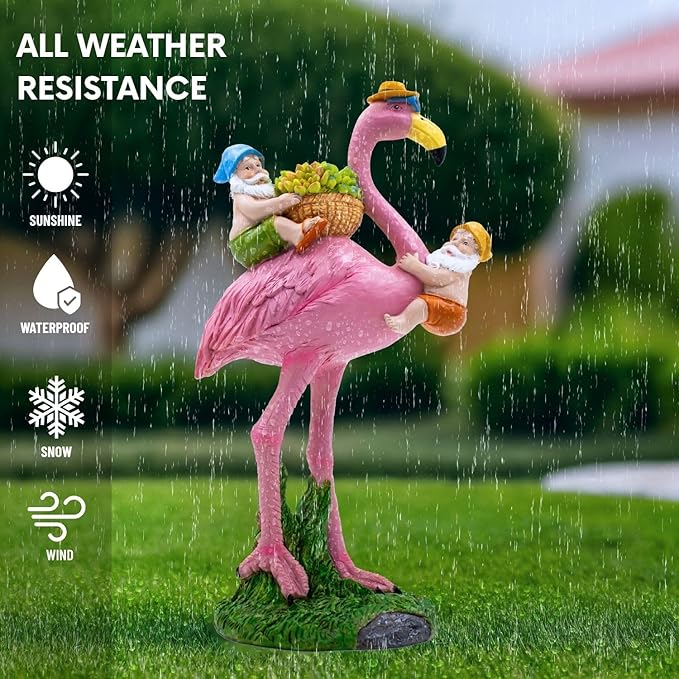 Gnomes Flamingo Garden Statue – Resin Sculpture for Yard, Patio or Lawn Decor – Funny Garden Gnome Gift for Mom, Women, Friends (No Lights)