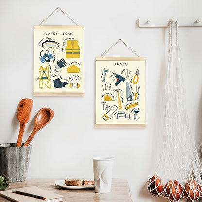 CGBHW Educational Safety Gear Tools Poster Hanger Frame Set of 2, xxxx Posters Wall Art Hanging Decor for Classroom Nursery Kids Room Playroom Preschool，12x16Inch