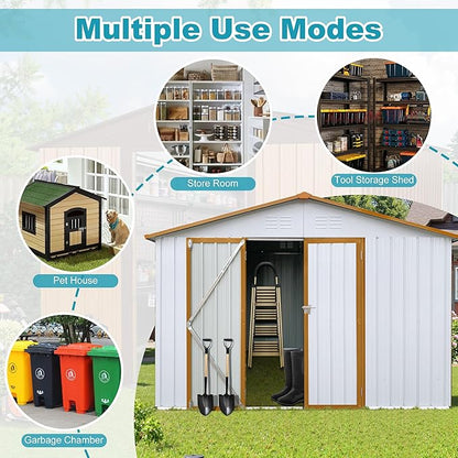 Sheds & Outdoor Storage 12 ft × 10 ft Storage Shed Large Classic Apex Roof Metal Garden Storage Sheds with Hinged Door Tool Cabinet for Backyard, Patio, Poolside, White + Yellow