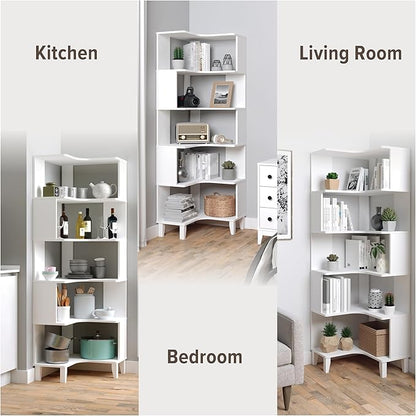 Prepac Nordik 6-Tier White Modern Mid Century Corner Bookcase, 71.5" Extra Tall White Corner Shelf with Storage, Multifunctional Freestanding Bookshelf for Home Office, Living Room, Bedroom