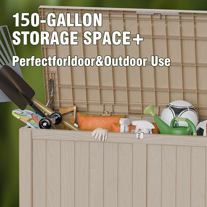 150GAL Brown Large - Capacity Outdoor Deck Box with Lock Hole – Waterproof, SGS - Certified UV Resistance, Ideal for Storing Patio Furniture Sets & Seasonal Decor, Hassle - Free Setup