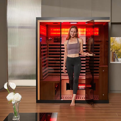 Infrared Sauna, 3-4 Person Home Sauna with Himalayan Salt Panel & 10 Minutes Warm-up System, Indoor Sauna Spa Room with Canadian Hemlock&Panoramic Tempered Glass,220V