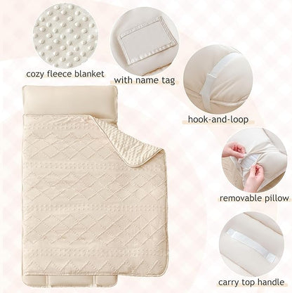 Toddler Nap Mat for Daycare Preschool Girls Boho Tufted Geometric Kids Sleeping Mat Pad Toddler Bedding Set Portable Baby Sleeping Bag with Pillow and Blanket for Travel Camping Outdoor