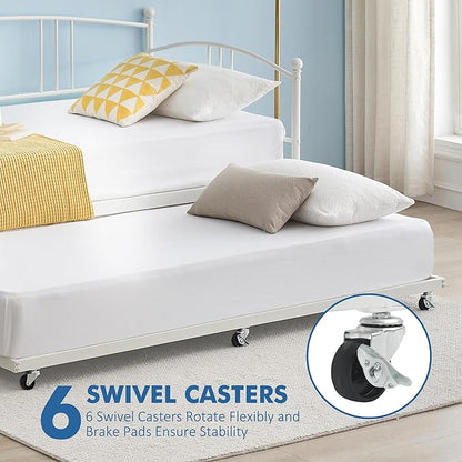GarveeHome Daybed with Trundle, Sturdy Metal Day Bed with Steel Slat Support, Trundle Bed Twin with Arched Headboard, SofaBed for Living Room, Bedroom and Guest Room, White