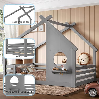 Polibi Full Size Floor Bed with House-Shaped Roof,Window and a Small Shelf, Solid Wood Low Profile Floor Bed for Kids, No Box Spring, Grey
