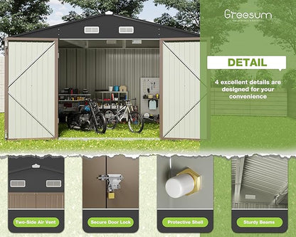 Greesum Metal Outdoor Storage Shed 10FT x 10FT, Steel Utility Tool Shed Storage House with Door & Lock, Metal Sheds Outdoor Storage for Backyard Garden Patio Lawn (10' x 10'), Brown