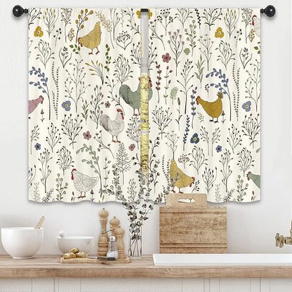Rooster Chicken Leaves Kitchen Curtains 27.5W x 39L Inch Plant Botanical Rustic Farmhouse Cottagecore Rod Pocket Short Small Window Treatment Drapes Decor 2 Panels