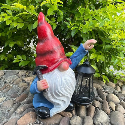 Garden Gnome Outdoor Decoration with Hammer Solar Gnomes Figurines with Lantern LED Lights Yard Lawn Patio Porch Decoration Gift for Woman Mother's Day Birthday Housewarming Gifts