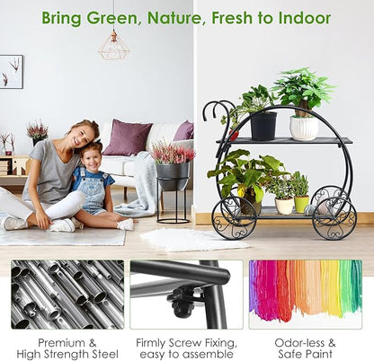 S AFSTAR Metal Plant Stand, Two Tiered Garden Cart Shelf for Indoor Outdoor Home Garden Patio, Parisian Style Flower Pot Holder, Stable and Durable