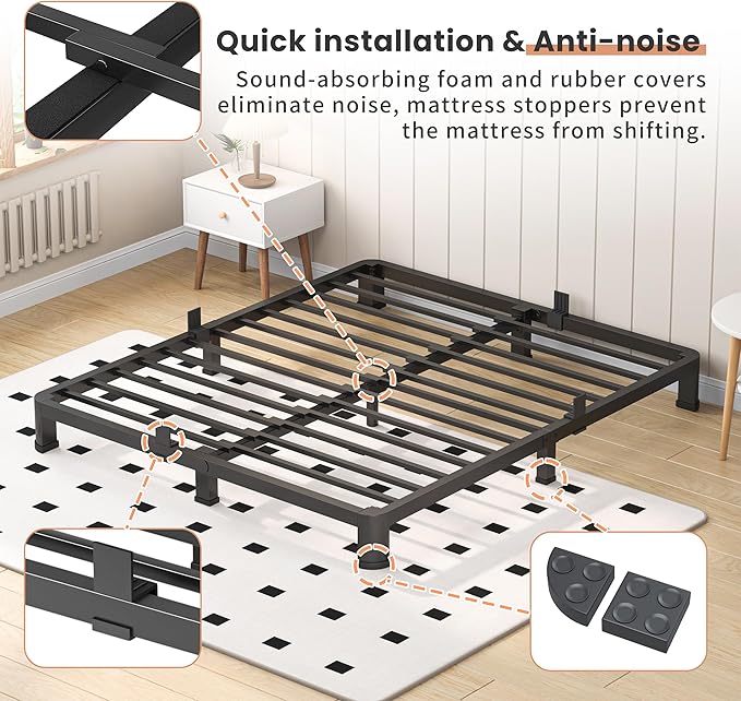4 Inch Full Heavy Duty 3500 lbs Bed Frame with Round-Corner Legs & Anti-Squeak Design – Quick Assembly Metal Platform, No Box Spring Needed