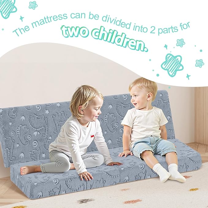 MeMoreCool Foldable Floor Mattress for Kids, Glow Toddler Nap Mat for Sleeping and Daycare, Portable Trifold Futon Mattress Floor Bed, Dinosaur