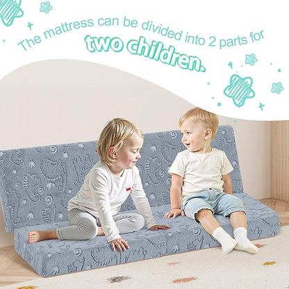 MeMoreCool Foldable Floor Mattress for Kids, Glow Toddler Nap Mat for Sleeping and Daycare, Portable Trifold Futon Mattress Floor Bed, Dinosaur