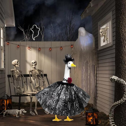 Halloween Porch Goose Outfits and Goose Clothes Fits 23" Plastic Cement Statues, Black Goose Outfit Costume with Rose Necklace for Outdoor Patio Yard Lawn Party
