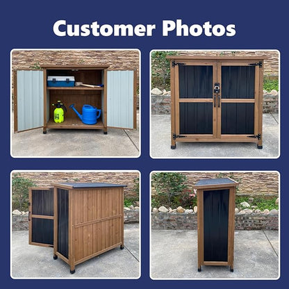 Wood & Metal Outdoor Storage Cabinet with Waterproof Roof, Garden Tool Shed with 4 T-Hinge, 4 Adjustable feet and Magnetic Door, 2 Removable Shelves, Easy Installation, 13.5" D x 34.5" W x 39" H